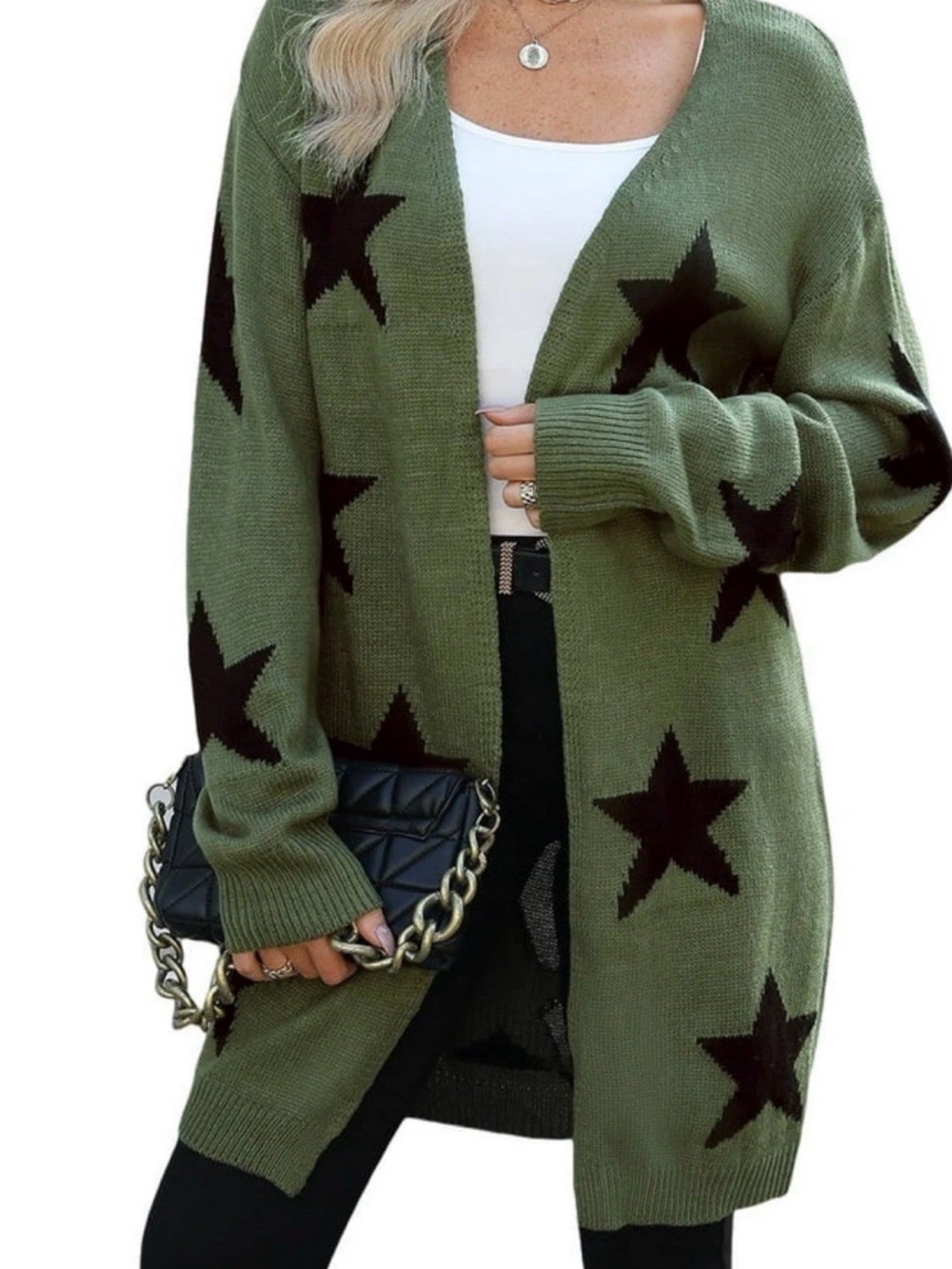 Cupshe Olive Green Star-Print Open Front Cardigan Sz S